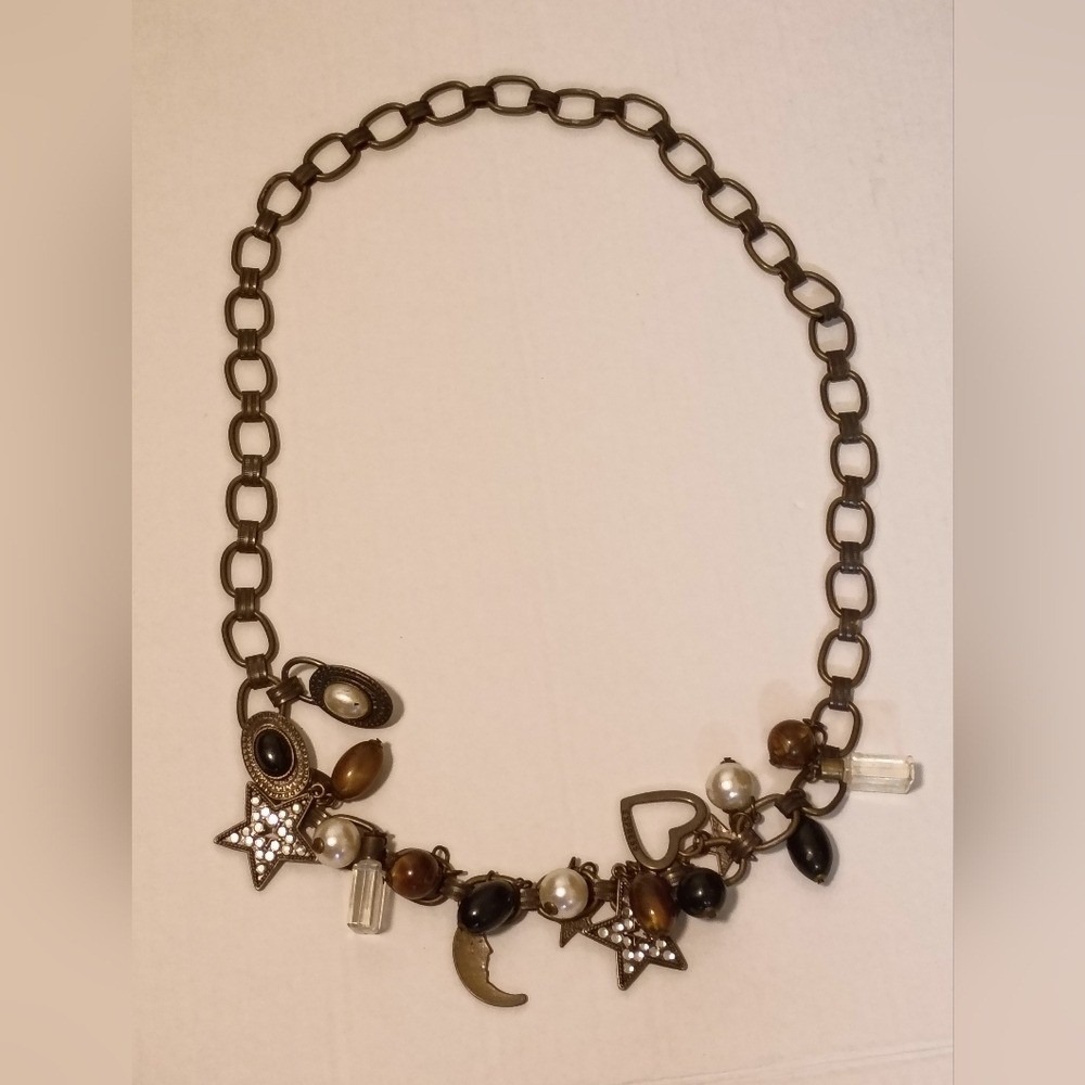 Express Charmโ Necklace Moon Star Heart Beads Pearls Antique Brass Finish